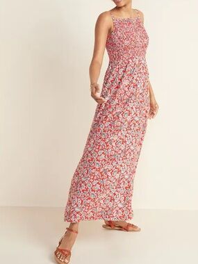 Old Navy red Floral Smocked Fit & Flare Maxi Sundress M